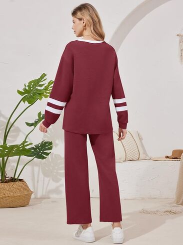 Anbech المرأة بلوزات 2 قطعة مجموعة ملابس الخريف جردت طويلة الأكمام بلوزات واسعة الساق Sweatpants صالة مجموعات رياضية in Kuwait