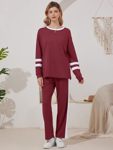 Anbech المرأة بلوزات 2 قطعة مجموعة ملابس الخريف جردت طويلة الأكمام بلوزات واسعة الساق Sweatpants صالة مجموعات رياضية in Kuwait