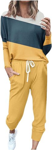 Two Piece Sets for Women Casual Long Sleeve Crewneck Color Block Shirts Drawstring Loose Joggers Fall Winter Lounge Wear in Saudi Arabia
