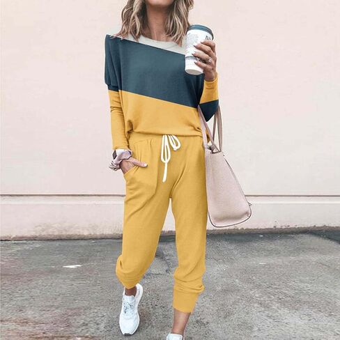 Two Piece Sets for Women Casual Long Sleeve Crewneck Color Block Shirts Drawstring Loose Joggers Fall Winter Lounge Wear in Saudi Arabia