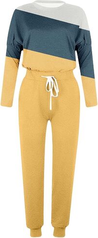 Two Piece Sets for Women Casual Long Sleeve Crewneck Color Block Shirts Drawstring Loose Joggers Fall Winter Lounge Wear in Saudi Arabia