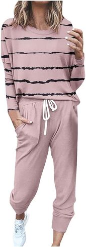 Two Piece Sets for Women Casual Long Sleeve Crewneck Color Block Shirts Drawstring Loose Joggers Fall Winter Lounge Wear in Saudi Arabia
