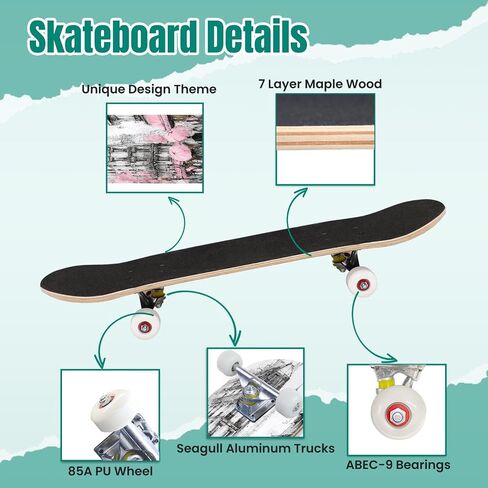 Skateboards Hand Drawn Dragon Tattoo Coloring Book Japanese Style Japanese Old 7 Layer Maple Wood Deck 31" x 8" Double Kick Concave Complete Tricks Skateboard for Beginners Teens Kids Adults in Saudi Arabia