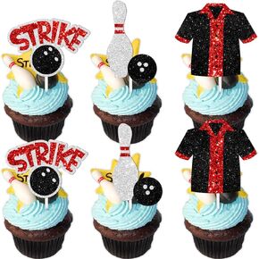 18pcs Black Glitter Bowling Dessert Cupcake Topper Bowling Strike Entertainment Theme Decor Supplies Baby Shower Boys Girls Happy Birthday Party Decorations