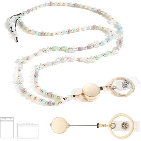 LENYNAL Lanyards for ID Badges and Keys, Retractable Lanyard Durable 3.0 Cream Crystal Beaded Lanyard for Teacher Women