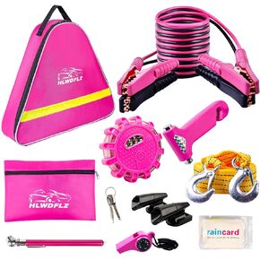 HLWDFLZ Car Emergency Kit, Pink Roadside Assistance Kit with Jumper Cable, Tow Rope, LED Road Flare, Deer Whistles and More Women Emergency Safety Tool Kit