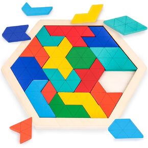 3 otters Wooden Hexagon Puzzles, Brain Teaser Blocks for Kids Montessori Educational Toys Shape Pattern Block for All Ages Boys Girls