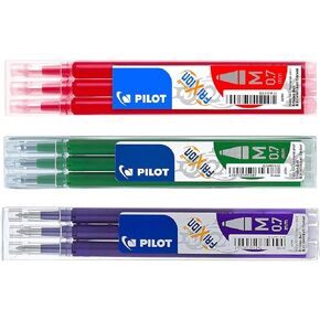 Pilot Frixion erasable pens refill, 9 refill bundle Green, Red, Violet or Purple gel ink fine pt 0.7mm, assorted colors