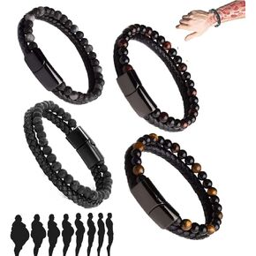 XAUKEU 4Pcs Natural Agate Stone Leather Beaded Bracelet, Natural Agate Stone Bracelet,Natural Stone Bracelet