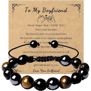MAIBAOTA Mens Bracelet Gifts for Boyfriend/Dad/Son/Grandpa/Uncle/Brother/Husband Fathers Day Birthday Gifts Ideas for Men Adjustable 10 mm Tiger Eye Black Obsidian Beaded Bracelet