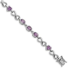 Solid 925 Sterling Silver Oval Heart Amethyst Purple February Gemstone Bracelet 7"