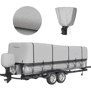 Tuszom Fully 900D Solution Dyed Trailerable Pontoon Boat Cover with Upgraded 14+4 Windproof Side Straps, 100% Waterproof Heavy Duty Boat Cover with Motor CoverLength 25'-28' Beam Width up to 102"