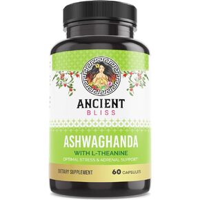 Ancient Bliss Ashwagandha with L-Theanine & Black Pepper Extract Capsules, Energy & Natural Mood Support Supplement, Focus Supplement for Adults
