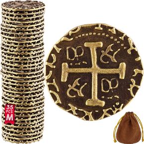 Bronze Metal Pirate Coins - 35 Leprechaun Metal Bronze Coins for St Patricks Day, Game Tokens, Toys & Cosplay - Fake Coins Set for Pirate Treasure Chest - Diameter: 7/8"