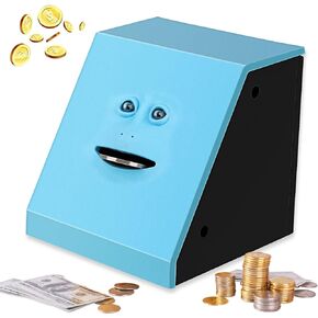 بنك الوجه، بنك Piggy Bank Coin Eater Funny Bank، sunsbell Money Eating Coin Bank Piggy Bank Boalord، صندوق توفير المال الذي يعمل بالبطارية، وعاء عملات أحمق بدون وجه عملة معدنية - أزرق