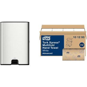 موزع مناشف اليد Tork Xpress متعدد الطيات من الفولاذ المقاوم للصدأ H2، توزيع لمرة واحدة، نطاق الصور، 463002 وموزع مناشف اليد Xpress من الفولاذ المقاوم للصدأ، صغير الحجم للاستخدام المنزلي، يناسب مناشف اليد H2