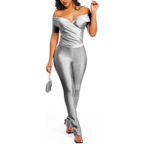 Sriswel Womens 2 Piece Outfits Off Shoulder V Neck Crop Tops Slit Hem Flare Pants Sparkly Jumpsuit Set Clubwear