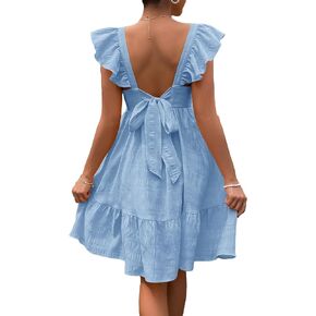 OYOANGLE Women's Maternity Tie Backless Ruffle Trim Short Sleeve Square Neck A Line Dress Solid Plain Flared Dresses