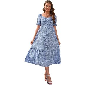 ClearFlower Women's Floral Maternity Dress V Neck Short Puff Sleeve Swing Maxi Dresses Casual for Photoshoot Baby Shower