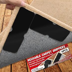 Urdar Brunnr Rug Carpet Non Slip Grippers, Reusable and Washable Double Sided Carpet Tape Pads, Strong Adhesive Grippers for Area Rugs, Keep Corners Flat, No Damaging for Floor Removable, 12Pcs