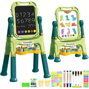 Kids Art Easel, Adjustable Drawing White Board & Chalk Board, Toddler Standing Easel with Painting Accessories, Gift for Girls Boy (Blue)