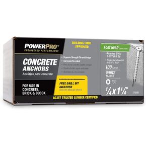 Power Pro White Flat-Head Concrete Screw Anchors (1/4" x 1-1/4") - 100 pc