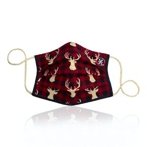 JaxMask® | Stag Deer Head On Red & Black Plaid Christmas Holiday Pleated Cloth Face Mask | Buffalo Check Tartan 2 Layer Washable & Reusable With Nose Wire | ‘SilentNight Collection’