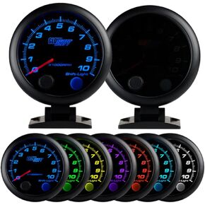 GlowShift Tinted 7 Color 10,000 RPM Tachometer Gauge - for 1-10 Cylinder Gas Powered Engines - Built-in Shift Light - Mounts On Dashboard - Black Dial - Smoked Lens - 3-3/4" 95mm
