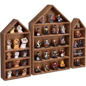 Ikee Design House-Shaped Wooden Shadow Cubby Box Display Shelf Organizer Storage Shadow Box for Mini Figures, Set of 3, Brown Color, 10 W x 2 1/4 D x 15 H in