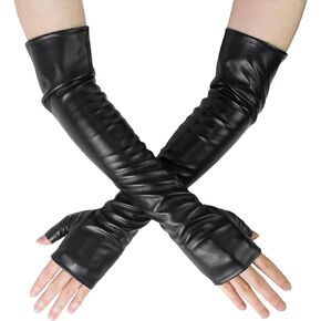 Luwint Long Fingerless Gloves, Faux Leather Women Elbow Length Sleeve for Dress Opera Party, Black (XS-M)
