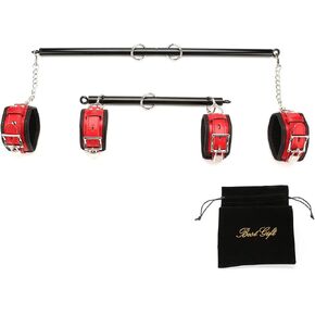 Expandable 2 Spreader Bar Set with Bag and 4 Fur Leather Straps with Nylon Belts Adjustable Home Yoga Bar Kit (Black+Red)