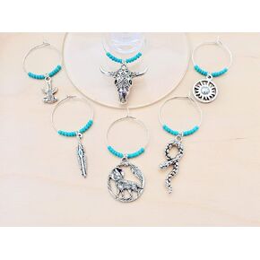 Southwest Wine Charms, Southwestern Cowboy theme. Includes rattlesnake, coyote, feather, bull skull, cactus, and sun. Set of 6. TURQUOISE BEADS.