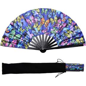 URROMA Foldable UV Glow Butterfly Hand Fan, Bamboo Festival Clack Fan Large Rave Fan Folding Hand Fan Performance Dance Party Accessories For Men Women