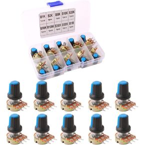 FULARR 10Pcs Premium Linear Rotary Taper Potentiometer, Adjustable 3 Terminal Rotary Potentiometer with Knob Cap, for Arduino (B1K, B2K, B5K, B10K, B20K, B50K, B100K, B250K, B500K, B1M)