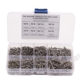 Silver M2 Nickel-Plated Carbon Steel Pan Head Self Tapping Screws (800pcs/Set), Assortment Drilling Screws with Storage Case, 4mm 5mm 6mm 8mm 10mm 12mm 16mm 20mm