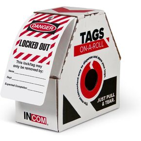 INCOM Manufacturing Lockout Tags On A Roll, Danger Locked Out, Heavy-Duty Polytag Stock, Waterproof and Tear-Resistant, Red/Black On White, 6.25 Inch X 3 Inch X 10 Mil Thickness, 100 pack, RT6027C