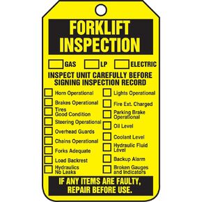 Accuform 25 "Forklift Inspection (Checklist)/ Forklift Inspection Record" Cardstock Tags,5.75" x 3.25", Black on Yellow, TRS305CTP