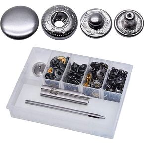 12 Set Leather Snap Fasteners Kit, 15mm Metal Button Snaps Press Studs with 5 Setter Tools for Clothes, Jackets, Jeans Wears, Bracelets, Bags (15mm Black 12 Set&Tool)