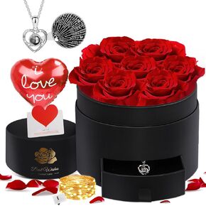 N&T NIETING Forever Flowers - الورود المحفوظة مع قلادة، زهور الورد الأبدية المحفوظة، للأم، لها، الزوجة، هدايا عيد ميلاد للنساء / الصديقة / الجدة (وردي)