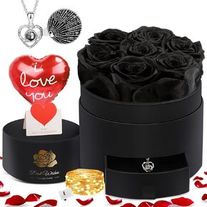 N&T NIETING Forever Flowers - Preserved Roses with Necklace, Eternal Rose Preserved Flowers Gifts for Her, Wife, Mothers Day Mom Gifts Wedding Birthday Gift for Women(Black)