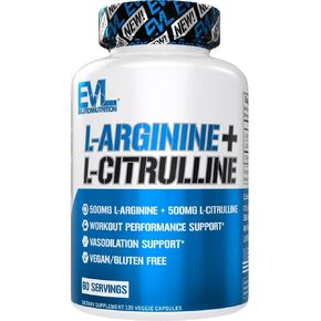 Evlution Nutrition L-Arginine + L-Citrulline - Endurance + Workout Performance Supplement - 500mg Complex - Vasodilation + Nitric Oxide Support - Vegan + Gluten Free Capsules - 60 Servings