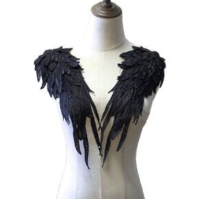 Angel Wings Lace Applique 3D Guipure Appliques Sew on Wedding Dress Shoulder Badge1 Mirror Pair (Black)