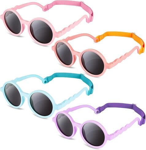 Xuhal 4 Pieces Toddler Sunglasses with Strap Polarized Flexible Baby Sunglasses Silicone Round UV Protection Sun Glasses for Baby Boys Girls Infant Age 0-3 Years Old in Saudi Arabia