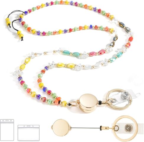 LENYNAL Lanyards for ID Badges and Keys, Retractable Lanyard Durable 3.0 Cream Crystal Beaded Lanyard for Teacher Women in Saudi Arabia