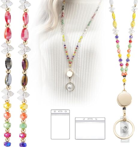 LENYNAL Lanyards for ID Badges and Keys, Retractable Lanyard Durable 3.0 Cream Crystal Beaded Lanyard for Teacher Women in Saudi Arabia