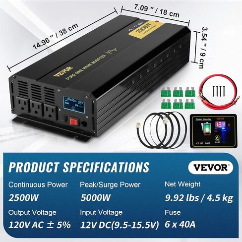 VEVOR Pure Sine Wave Inverter, 5000 Watt, Power Inverter, DC 12V to AC 120V Car Inverter, with LCD Display, USB Port and Remote Controller, Power Converter for Car RV Truck Solar System Travel Camping in Saudi Arabia