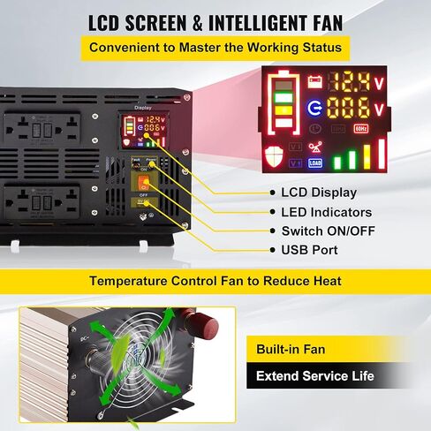 VEVOR Pure Sine Wave Inverter, 5000 Watt, Power Inverter, DC 12V to AC 120V Car Inverter, with LCD Display, USB Port and Remote Controller, Power Converter for Car RV Truck Solar System Travel Camping in Saudi Arabia