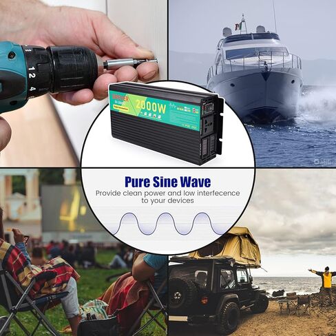 محول طاقة بموجة جيبية نقية 2000 واط، تيار مستمر 48 فولت إلى تيار متردد 110 فولت، محول طاقة السيارة مع شاشة LED رقمية للسيارة RV والنظام الشمسي المنزلي والطوارئ (2000 واط، 48 فولت) in Kuwait