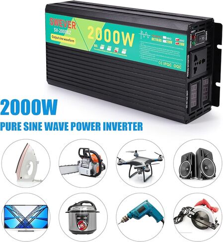 محول طاقة بموجة جيبية نقية 2000 واط، تيار مستمر 48 فولت إلى تيار متردد 110 فولت، محول طاقة السيارة مع شاشة LED رقمية للسيارة RV والنظام الشمسي المنزلي والطوارئ (2000 واط، 48 فولت) in Kuwait