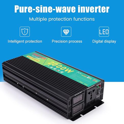 محول طاقة بموجة جيبية نقية 2000 واط، تيار مستمر 48 فولت إلى تيار متردد 110 فولت، محول طاقة السيارة مع شاشة LED رقمية للسيارة RV والنظام الشمسي المنزلي والطوارئ (2000 واط، 48 فولت) in Kuwait